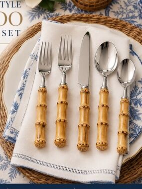 Vintage Regency 50-Piece Stainless Steel Bamboo Handle Flatware Silverware Set